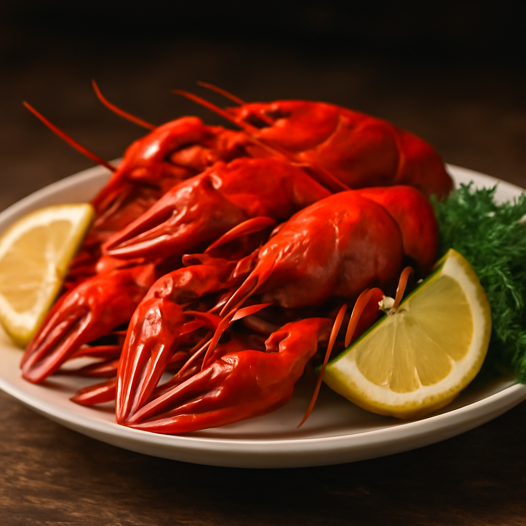 Вареные раки, сервированные лимоном и укропом
